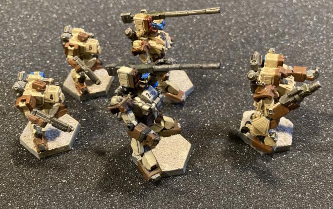 A 5 model squad of Heavy Gear miniatures.