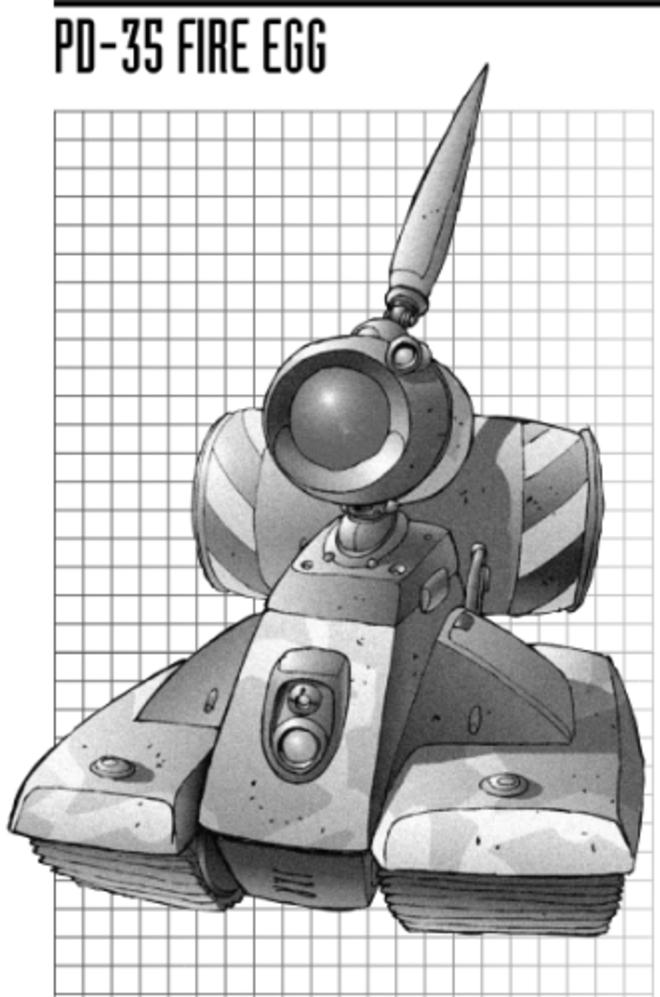 An autonomous unit on treads. No obvious weapons, but it has a large cylinder on its back that could be filled with explosives.