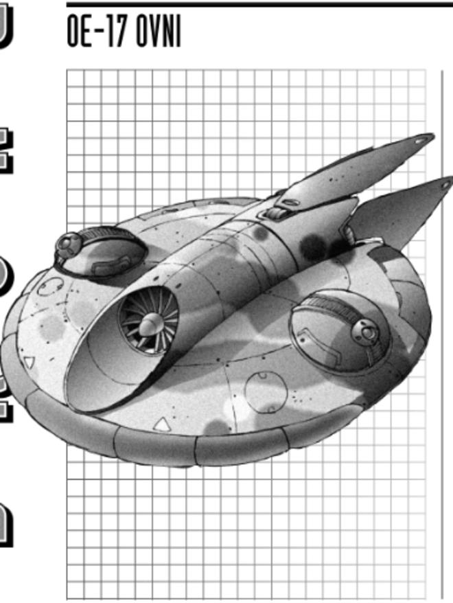 Artwork of the Ovni drone, a detailed disk-shaped hovering unit.