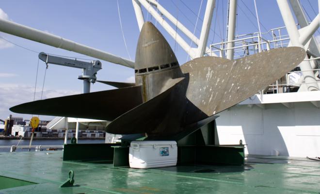 The ship’s prop, removed and placed on-deck.