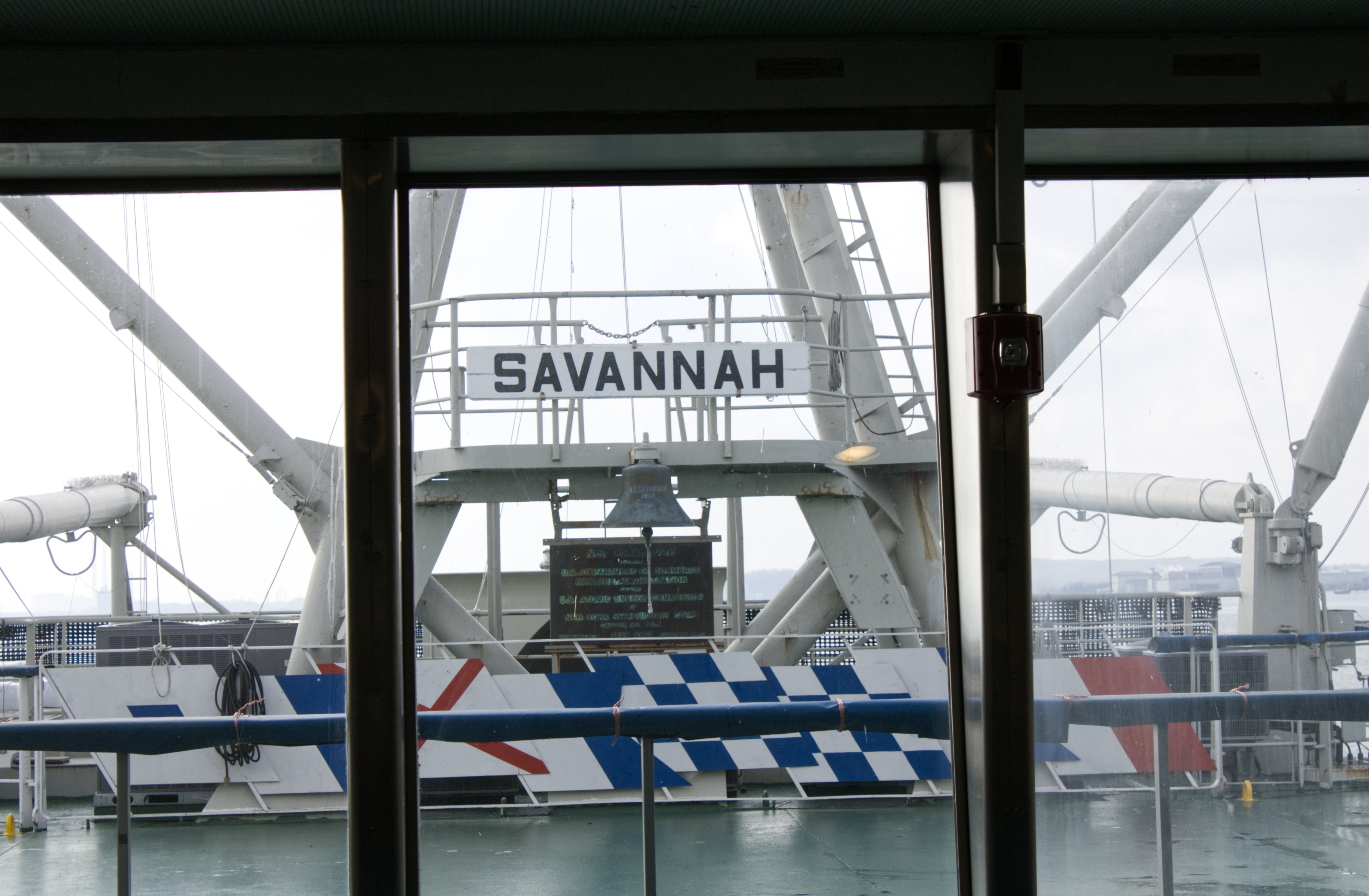 View from the ship’s veranda showing the Savannah name and various cargo equipment and masts.