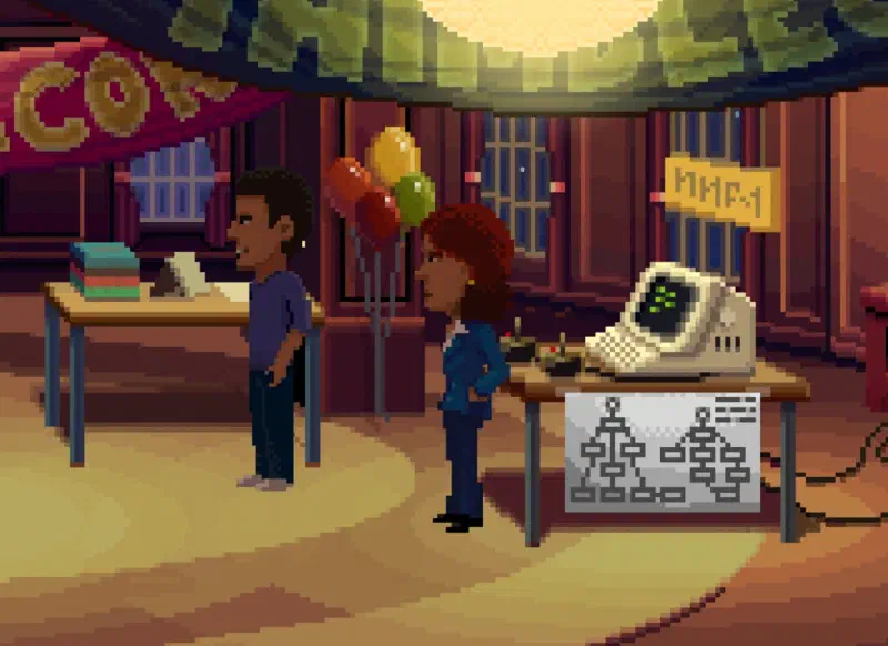 Main character Agent Ray investigates a small-town convention. Note Ron Gilbert's cameo and a Puzzle Dependency Chart hanging forom the table. 